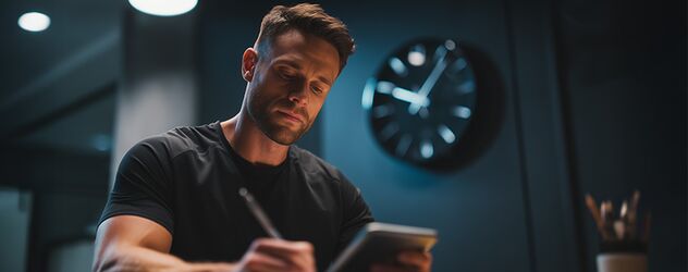 ein sportlicher Mann sitz an einem Schreibtisch und im Hintergrund hängt eine Wanduhr