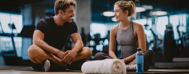 zwei sportliche Leute sitzen auf dem Boden eines Fitnessstudios und unterhalten sich