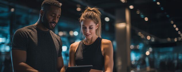 zwei sportliche Personen stehen beinander in einem Fitnessstudio und schauen sich etwas auf einem Tablet an