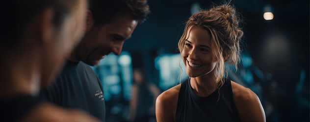 eine Gruppe von sportlichen Menschen stehen in einem Fitnessstudio und unterhalten sich lächelnd