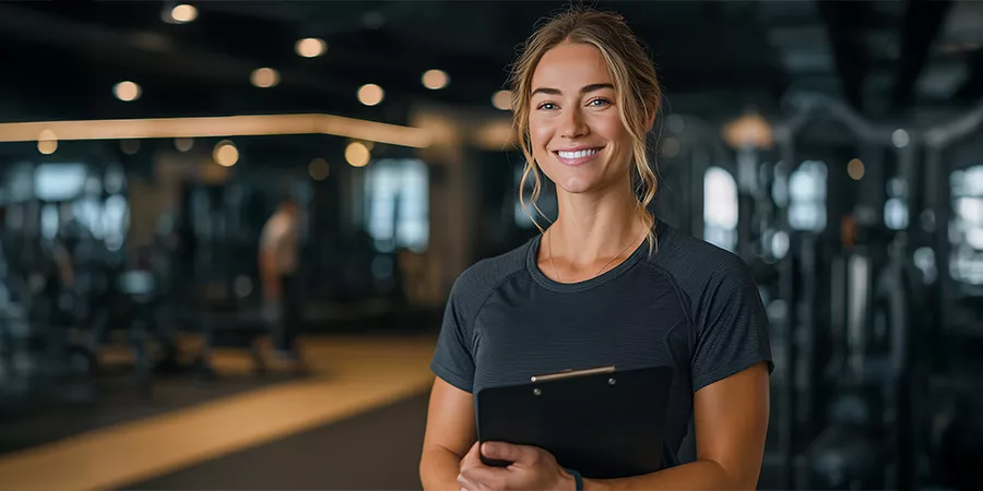 ein Porträtbild eines Fitnesstrainerin, die freundlich lächelnd in die Kamera schaut und dabei ein Clipboard in ihre Hand hält