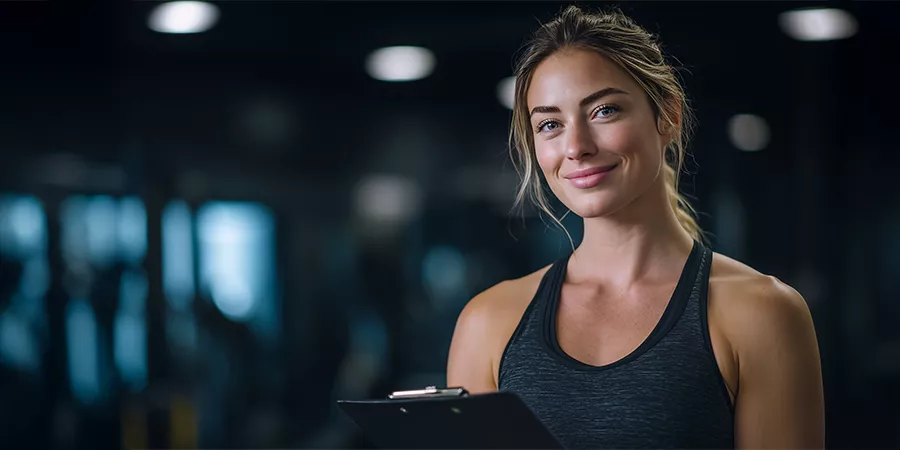 eine weibliche Fitnesstrainerin lächelt in die Kamera
