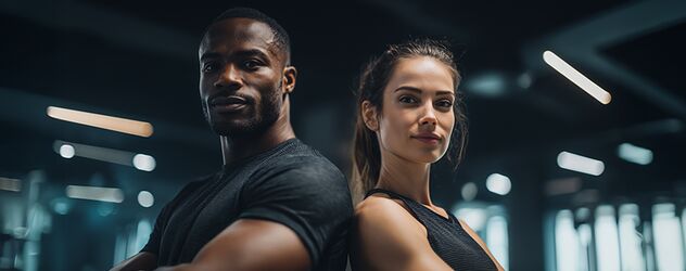ein Fitnesstrainer und ein Personal Trainer stehen Rücken am Rücken neben einander in einem Fitnessstudio