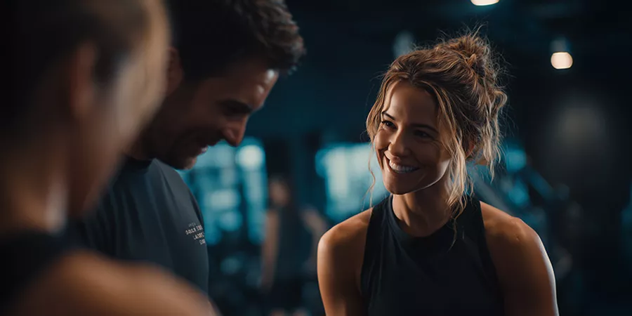 eine Gruppe von sportlichen Menschen stehen in einem Fitnessstudio und unterhalten sich lächelnd