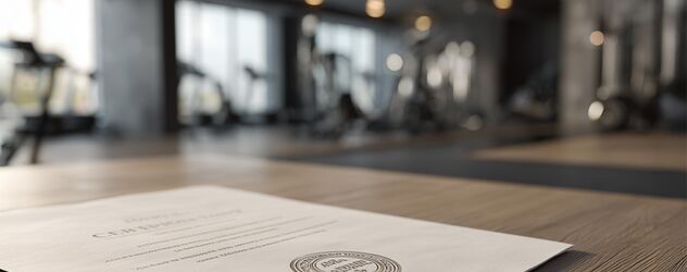 eine Lizenz mit einem Siegel liegt auf einem Holztresen in einem Fitnessstudio