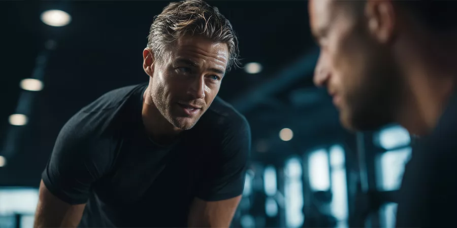 ein Fitnesstrainer gibt eine andere Person Anweisungen