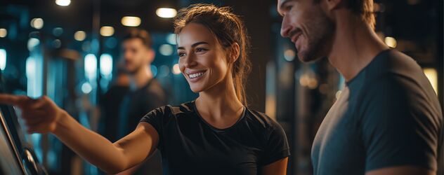 eine weibliche Fitnesstrainerin zeigt jemand anderen wie man ein Laufband bedient