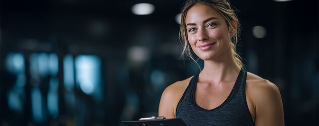 eine weibliche Fitnesstrainerin lächelt in die Kamera