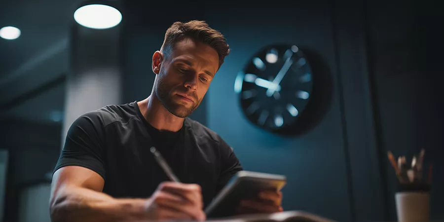 ein sportlicher Mann sitz an einem Schreibtisch und im Hintergrund hängt eine Wanduhr