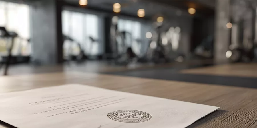 eine Lizenz mit einem Siegel liegt auf einem Holztresen in einem Fitnessstudio