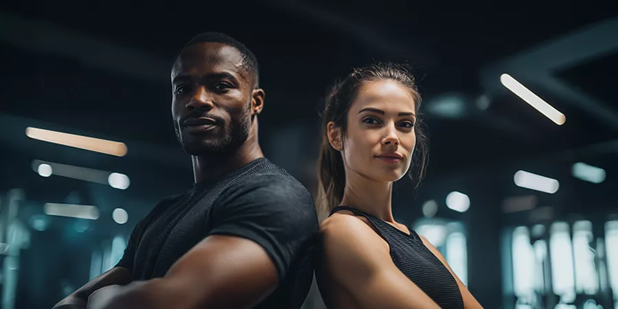 ein Fitnesstrainer und ein Personal Trainer stehen Rücken am Rücken neben einander in einem Fitnessstudio